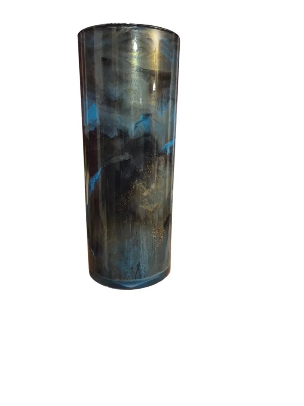 Handpainted OOAK Acrylic Pour Cylinder Vase, Teal Blue Black Gold, Unique Art